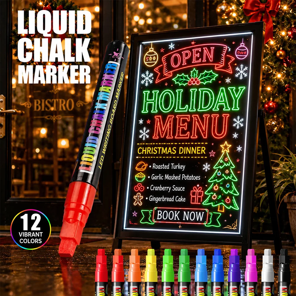 Liquid Chalk Markers 12 Colors Water- Based Erasable Fluorescent Pens for Whiteboard Glass Window Christmas Graffiti Decor Gifts