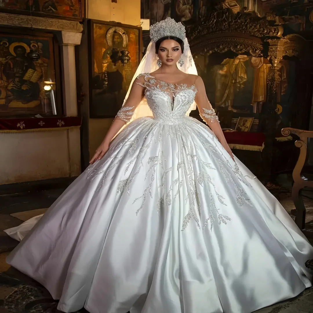 Customized Luxurious Wedding Dresses Embroidered Lace With Beading Princess Ball Gown O-Neck Full Sleeve Bridal Vestido De Novia