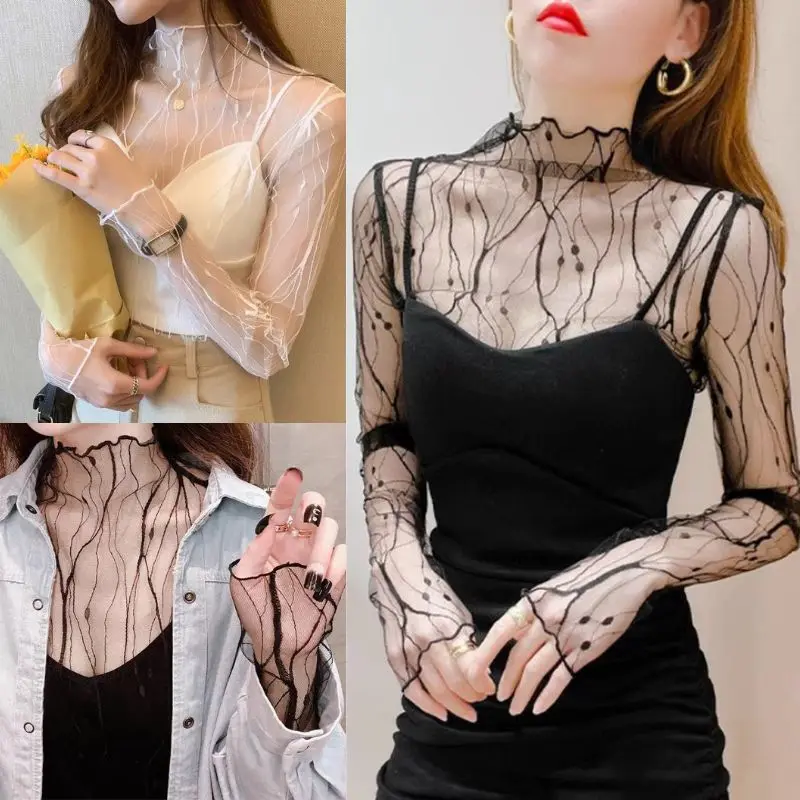 Women's T-shirt Summer Outfits Long Sleeve Pullover See Through Tops Fashion Lady Sexy Tops Mesh Slim Chiffon Tees New Black Top