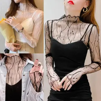 Camiseta para mujer, trajes de verano, jersey de manga larga, Tops transparentes, Tops sexis de moda para mujer, camisetas de gasa ajustadas de malla, nuevo Top negro