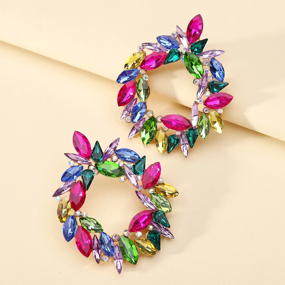 Bohemian Colorful Crystal Metal Hollow Big Dangle Earrings For Women Trend Luxury Particular Classic Party Jewelry Accessories