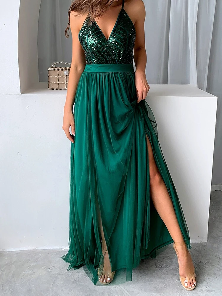 Fashion Split Splicing Slim Long Dress Elegant Wrap Hip V-neck Suspender Dress Women's Sexy Sleeveless Hight Waist Green Dress
