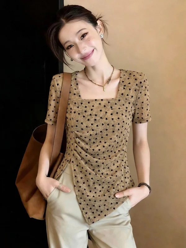 

Unique Heart Shaped Tie Dye Square Collar Short Sleeve T Shirt Women's Summer New Style plus Size Irregular Top Korean Style