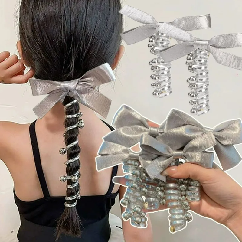 女の子用シルバーエラスティックヘアバンド,電話ワイヤー,ヘッドギア,エラスティック,アセテートボウ,バブル編組,かわいい,春,夏,2個