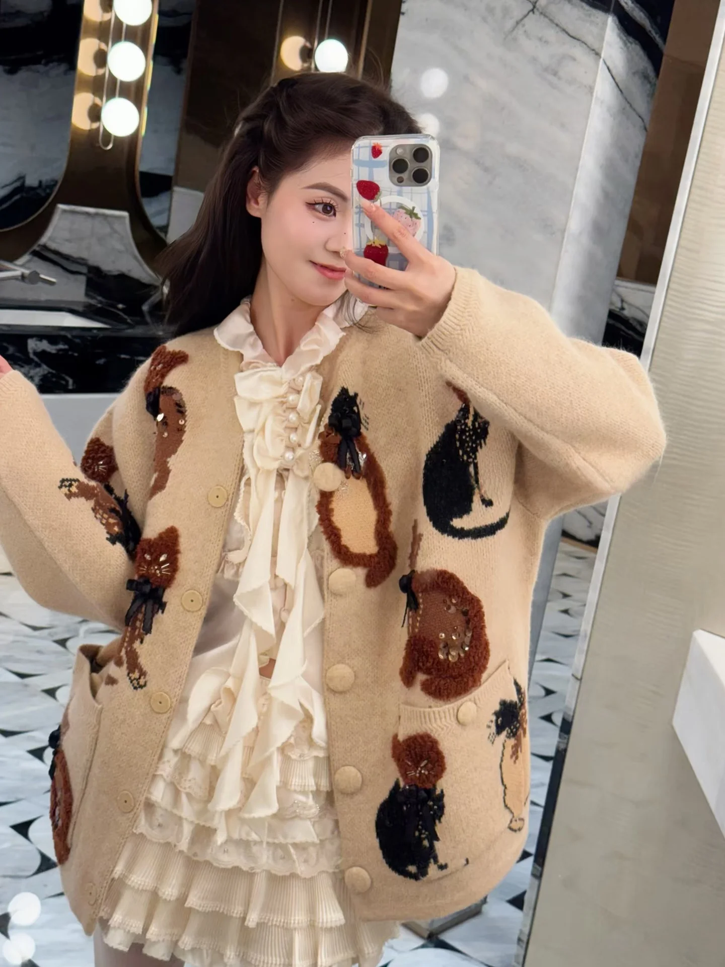 

Зимний теплый вязаный кардиган с вышивкой 3D-цветами, карамельного цвета, Jonibybeb, из смесовой шерсти, с длинными рукавами и круглым вырезом