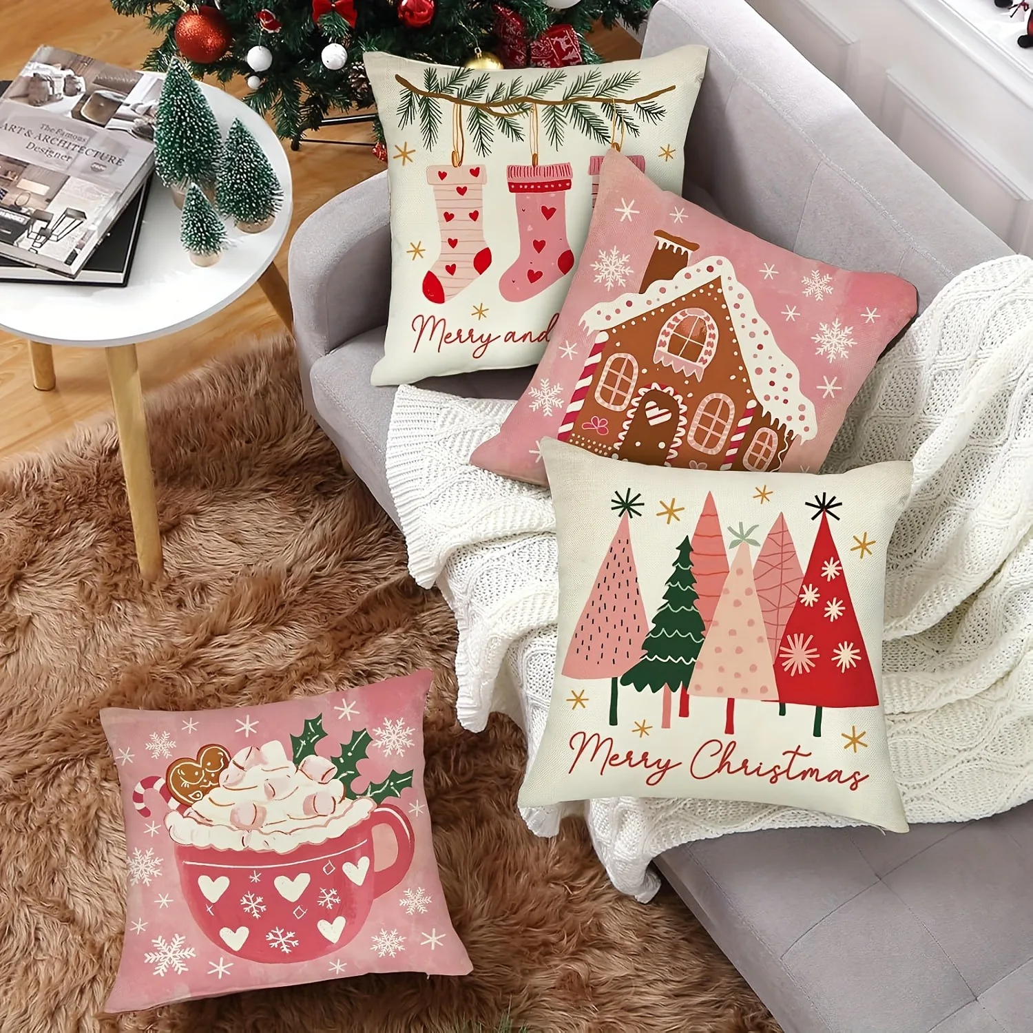 Encantadoras fundas de almohada navideñas: casa de pan de jengibre, árboles, calcetines y acogedores diseños de tazas, funda