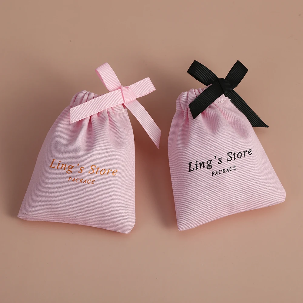 

50 Custom Logo Jewelry Necklace Earring Package Pouch Pink Cotton Canvas Gift Bags with Ribbon Wedding Favors Candy Goodie Bag