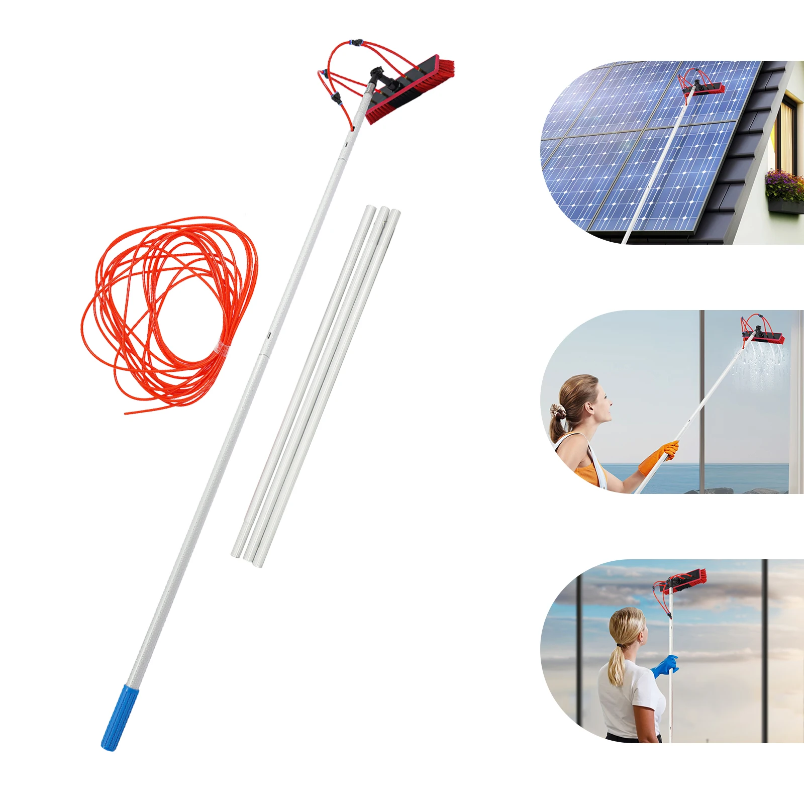 5m Adjustable Telescopic Solar Panel Cleaning Brush, 180° Rotatable Soft Brush Head with 20m Water Hose Aluminum Extension Pole for PV Window