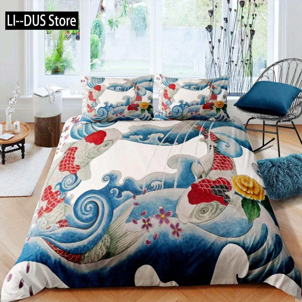 Koi Fish Duvet Cover Set King Size Oriental Asian Culture Lotus Bedding Set Microfiber Twin Cloud Quilt Cover For Girl Farmhouse - Image 4