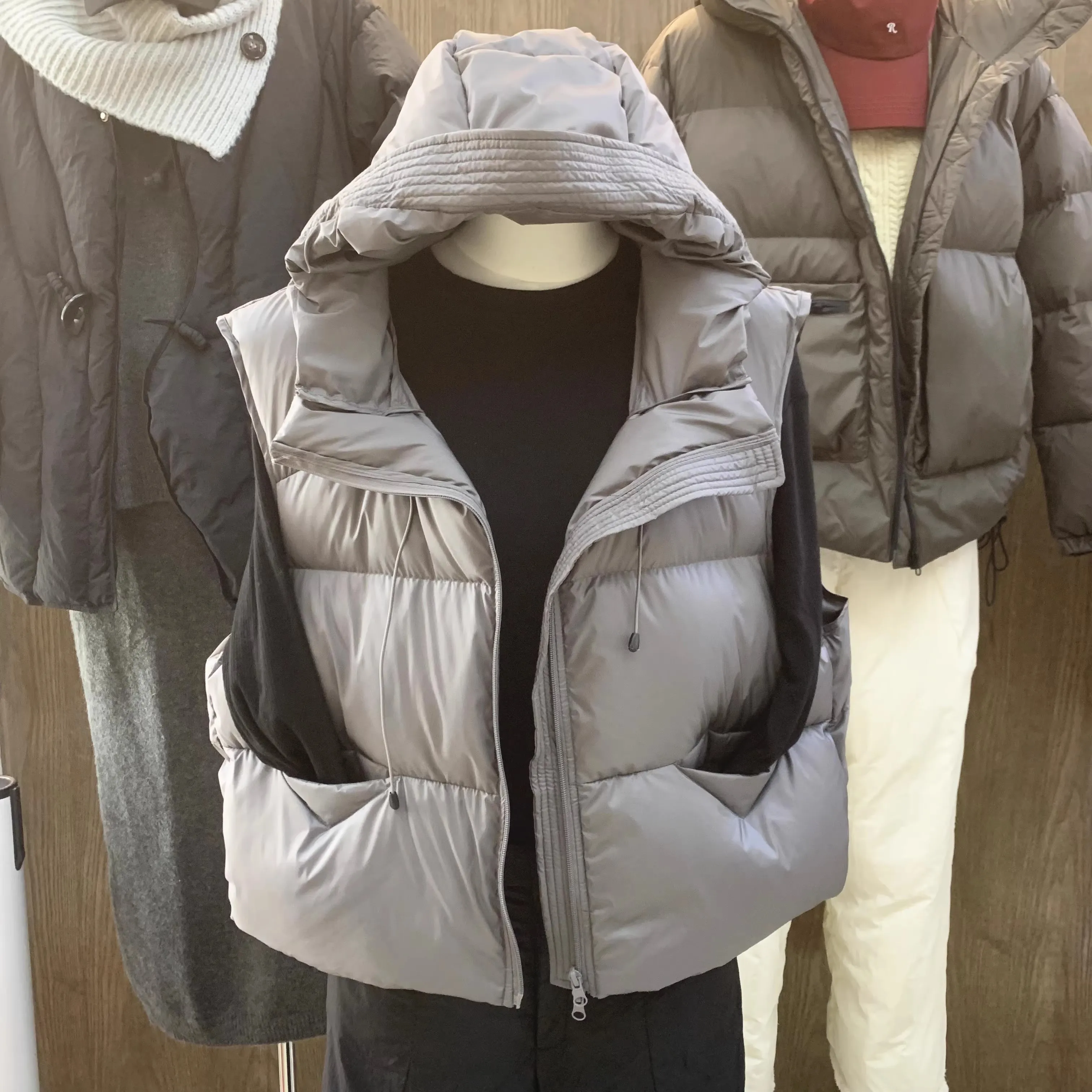 Grosso quente feminino para baixo colete cor sólida sem mangas inverno casaco com capuz nova moda colete curto outerwear