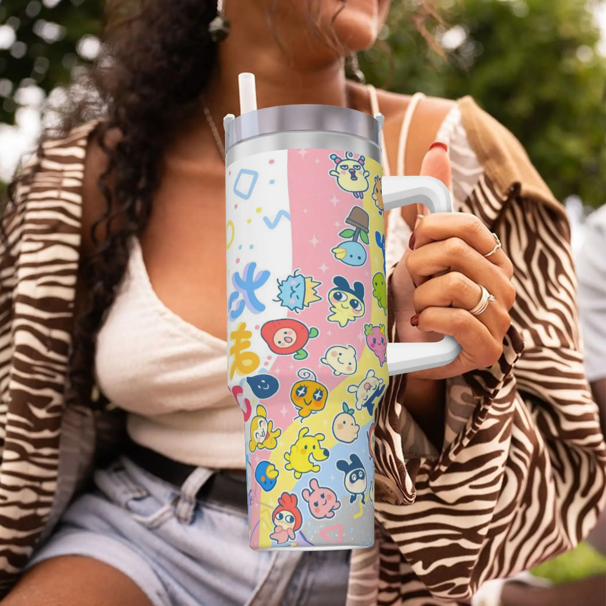 Stainless Steel Tumbler Cute Tamagotchi Anime Print Mugs Cup With Straws  Travelist Cold Drink Water Bottle 40oz Thermal Mug view 5