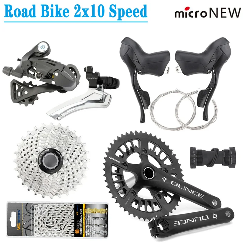 

Road Bicycle 2x10 Speed Set With MicroNEW Rear Derailleur Shifter Lever Bike Crankset Cassette 28T Flywheel 20V Chain