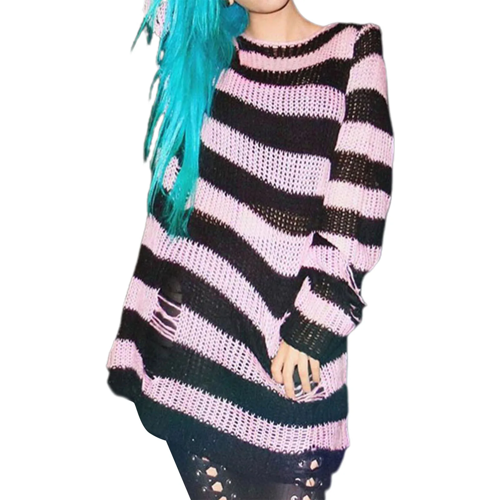 Women Punk Gothic Long Striped Sweater Hollow Out Loose Knit Pullover Tops Harajuku Aesthetics Ripped Jumpers