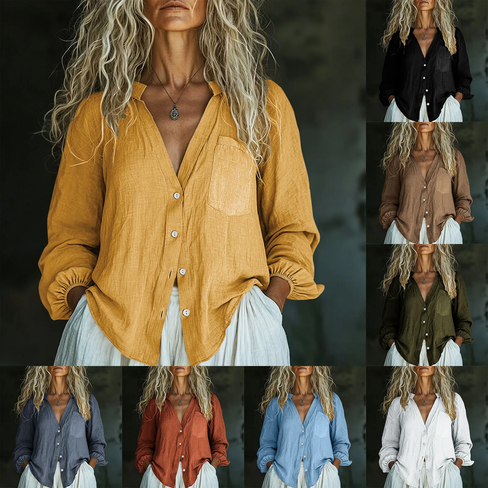 

2025 Summer Women Cotton Linen Shirt Breathable V Neck Long Sleeve Blouse Fashion Casual Solid Tops Lady Elegant Office Blusas