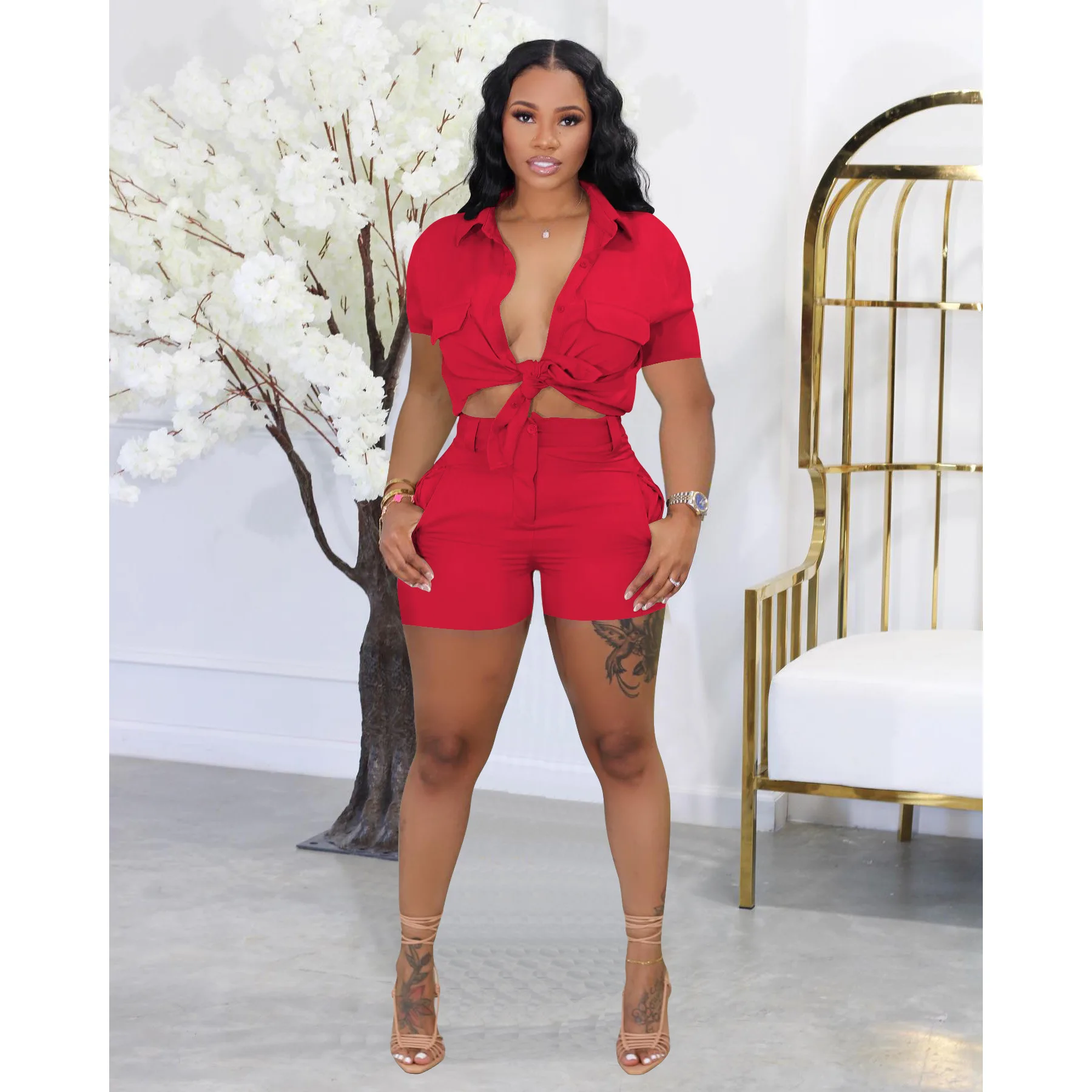 Elegant Sexy Blouse 2 Piece Short Pant Suit Set Outfits Y2K Streetwear 2023 Women Clothes Summer Luxury Two Piece Short Set