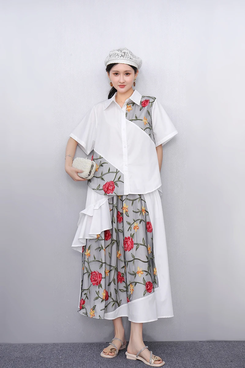 2025 봄 여름 신상 우아한 자수 반팔 상의 여성 루즈핏 롱 스커트 투피스 세트 여성 J1074