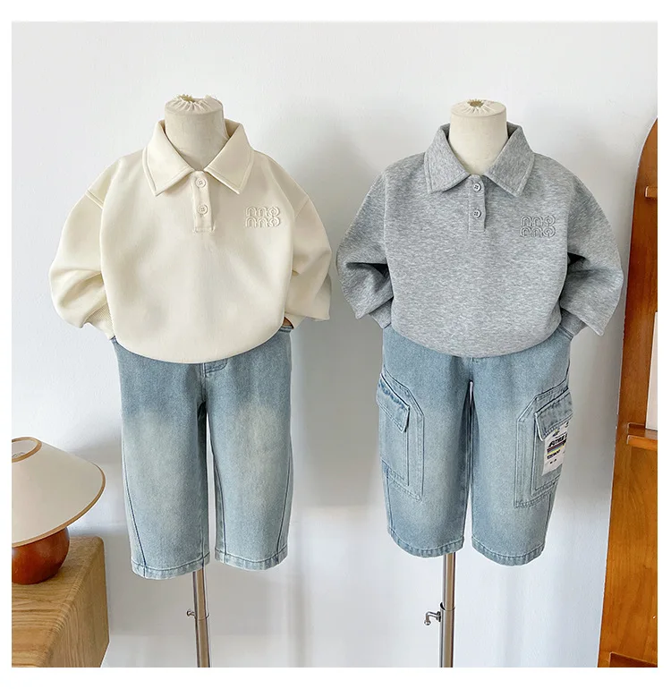 

Детская одежда, детские толстовки, однотонные повседневные свободные осенние толстовки с вышивкой букв и воротником в стиле рубашки