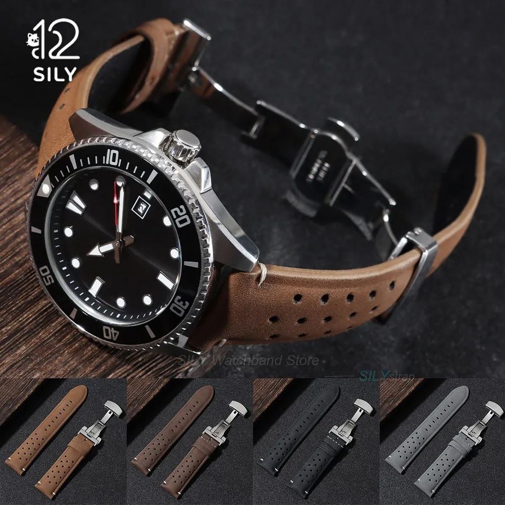 Bracelet de montre en cuir respirant 18mm 20mm 22mm, style vintage mat, pour Seiko, Rolex, Omega, bracelet papillon pour affaires