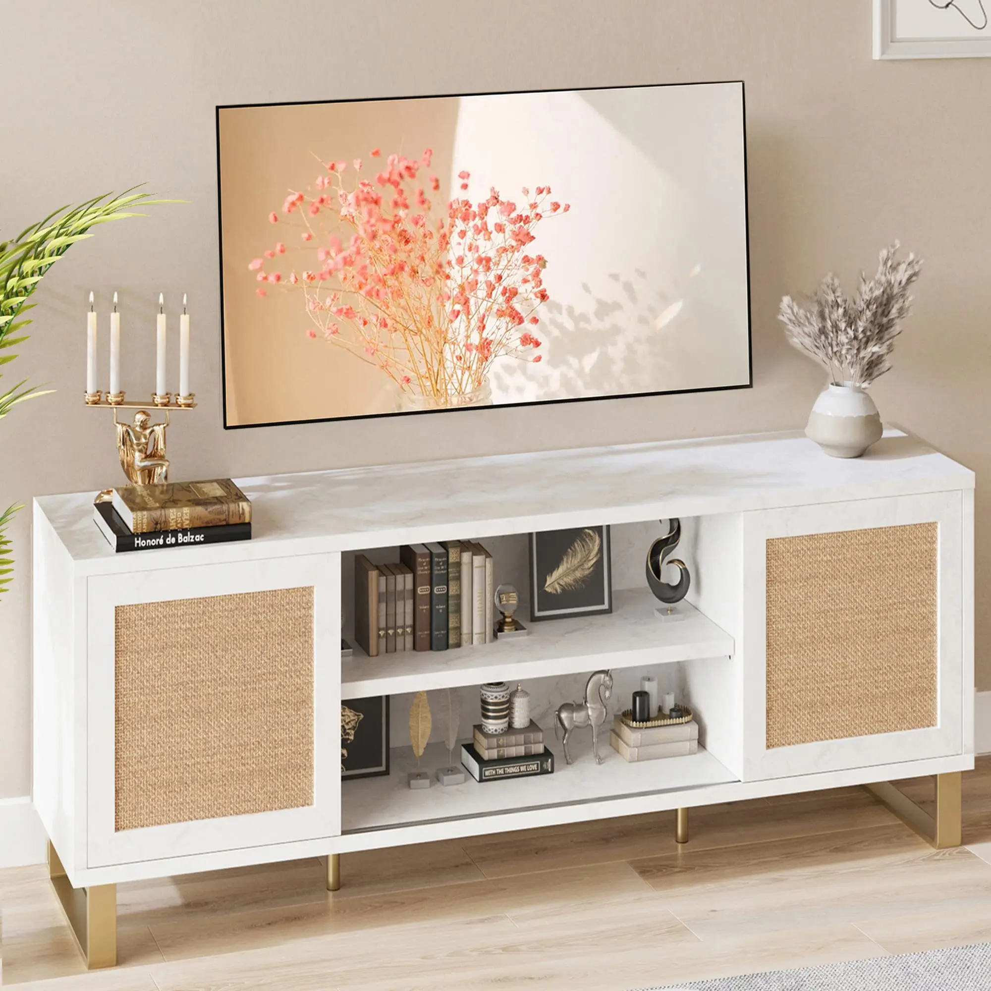 

IDEALHOUSE TV Stand for 65Inch TV,Rattan Entertainment Center Modern TV Console Table White TV Stand with Storage,Doors,Shelves