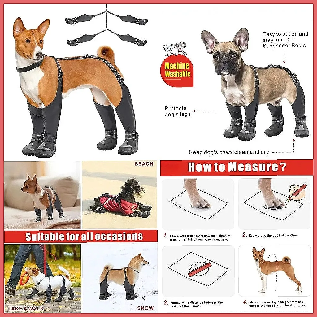 Waterproof Anti-Slip Dog Boots, Winter Snow Shoes with Suspenders for Hiking & Rain Paws Protector
