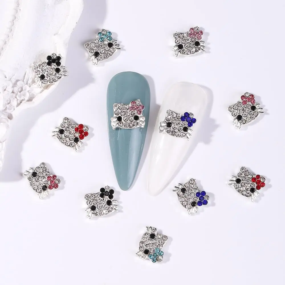 36pcs Rhinestone 3D Hello Kitty Nail Charms Kawaii Metal Sparkling Crystal Kitty Nail Decoration 6 Colors Diy Nail Accessories &