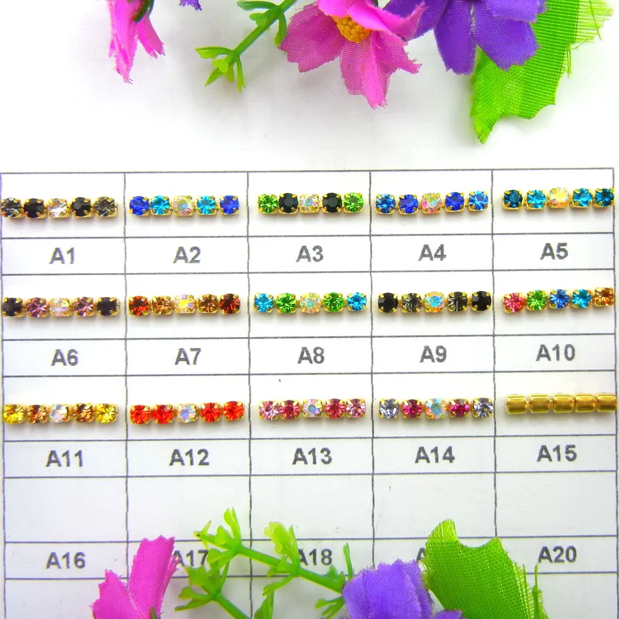 Goldfarbene Metallkralle, hochdichte Strass-Kettenborte, AB-Farben-Mix, SS6-SS12/2mm-3mm, zum Aufnähen oder Kleben für Kleidungsdekoration. – Detail 1