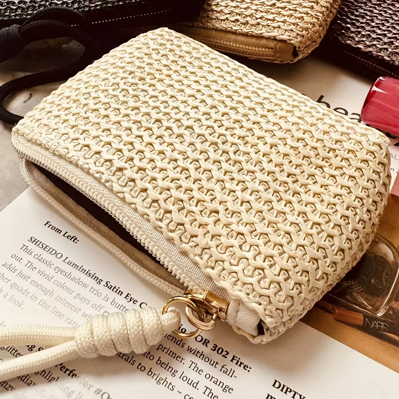 1Pc Japanese Raffia Straw Coin Purse Mini Zipper Wrist Pouch Lipstick Earphone Storage for Women Beach Vacation Birthday Gift