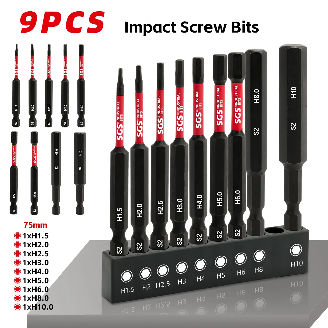 9-Piece Industrial-Grade S2 Strong Magnetic Hex Impact Bit Set, 75mm Extended Screwdriver Bits, Electric Drill Hex Wrench Screwdriver Bits H1.5-H10
