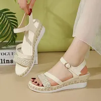Ankle Buckle Platform Sandals Women Summer 2025 Fashion Pearl Wedges Sandalias Mujer Plus Size 42 Casual Med Heel Beach Sandals