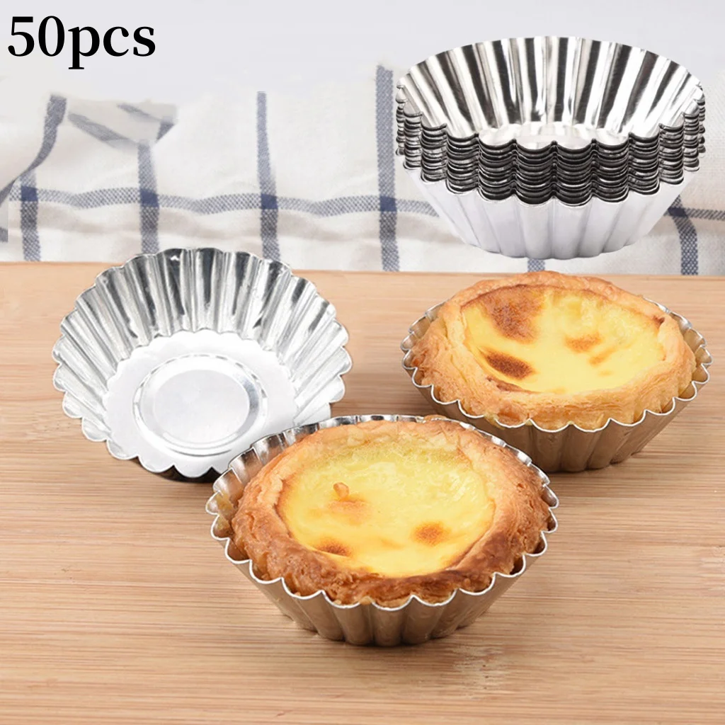 50pcs Reusable Non-stick Ripple Egg Tart Mold Aluminum Alloy Flower Shape Cupcake Mold Pudding Jelly Mold Muffin Baking Cup