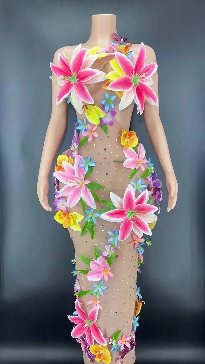 

Shining Rhinestones Floral Backless Split Long Dress Women Dragqueen Party Wear Costume