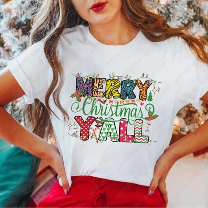 Merry Christmas Yall Cute Family Matching Tshirt Xmas Decorative Lights Creative Graphic Camisetas Vintage Men Women Cotton Tees
