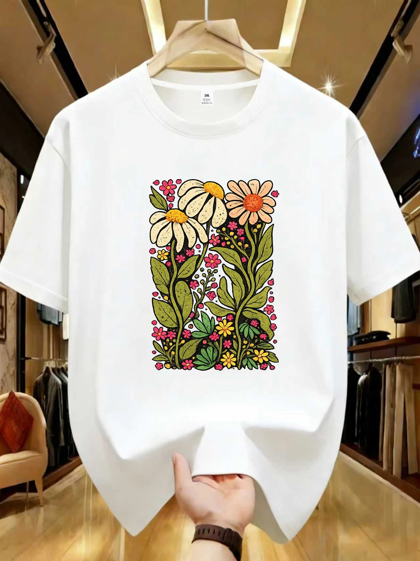 

【WDS0124】Daisy floral print plus size women's round neck T-shirt summer casual short sleeved top street fashion versatile