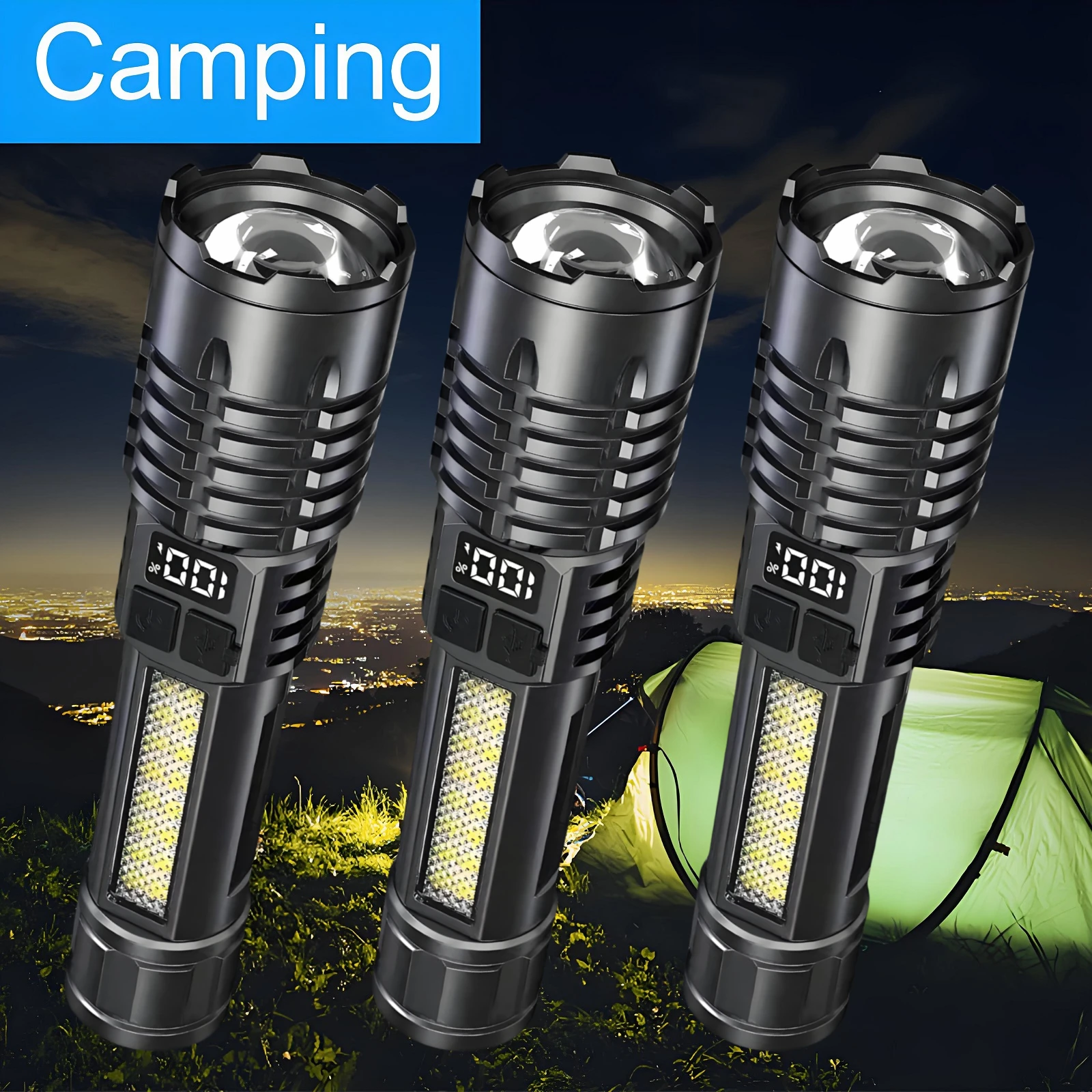 AODTOSIP 3Pcs High Lumens LED Flashlights USB Rechargeable with COB Lights for Camping Hiking