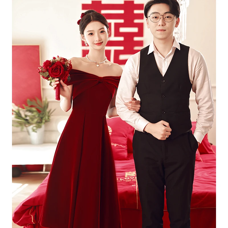 

Red One-oulder Wedding Dr Slimming A-Line Skirt Korean Sle ort Sve mid Waist Belt Wedding Dr for Engagement