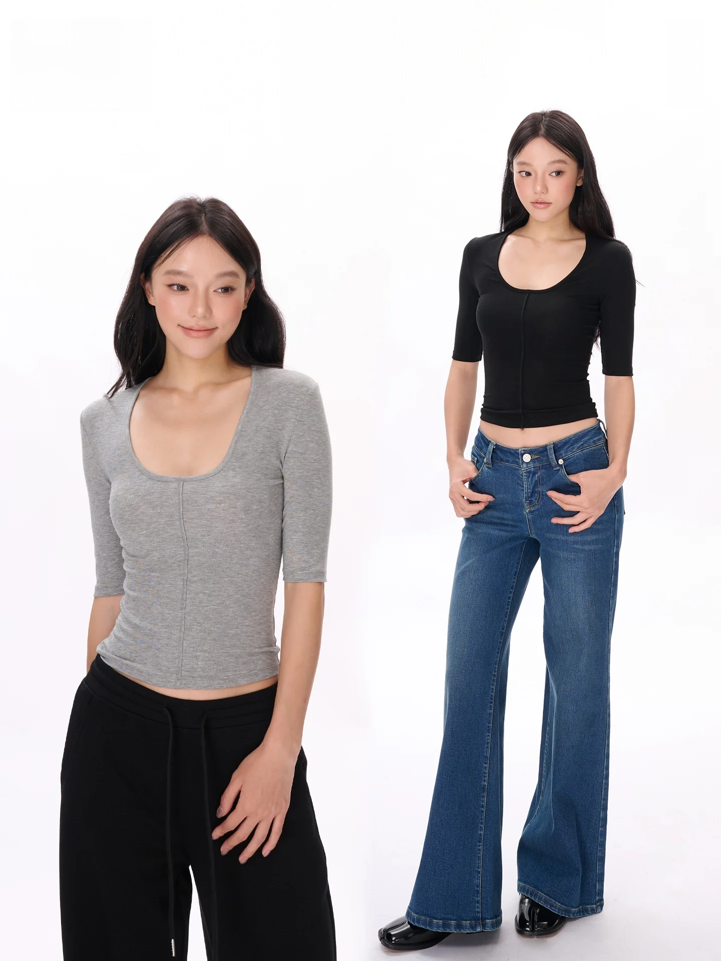 

Leiyu Labs женская трикотажная футболка со средним рукавом и рюшами U-Ne, облегающая базовая футболка irt Street Sle, однотонная осенняя новинка, Новое поступление