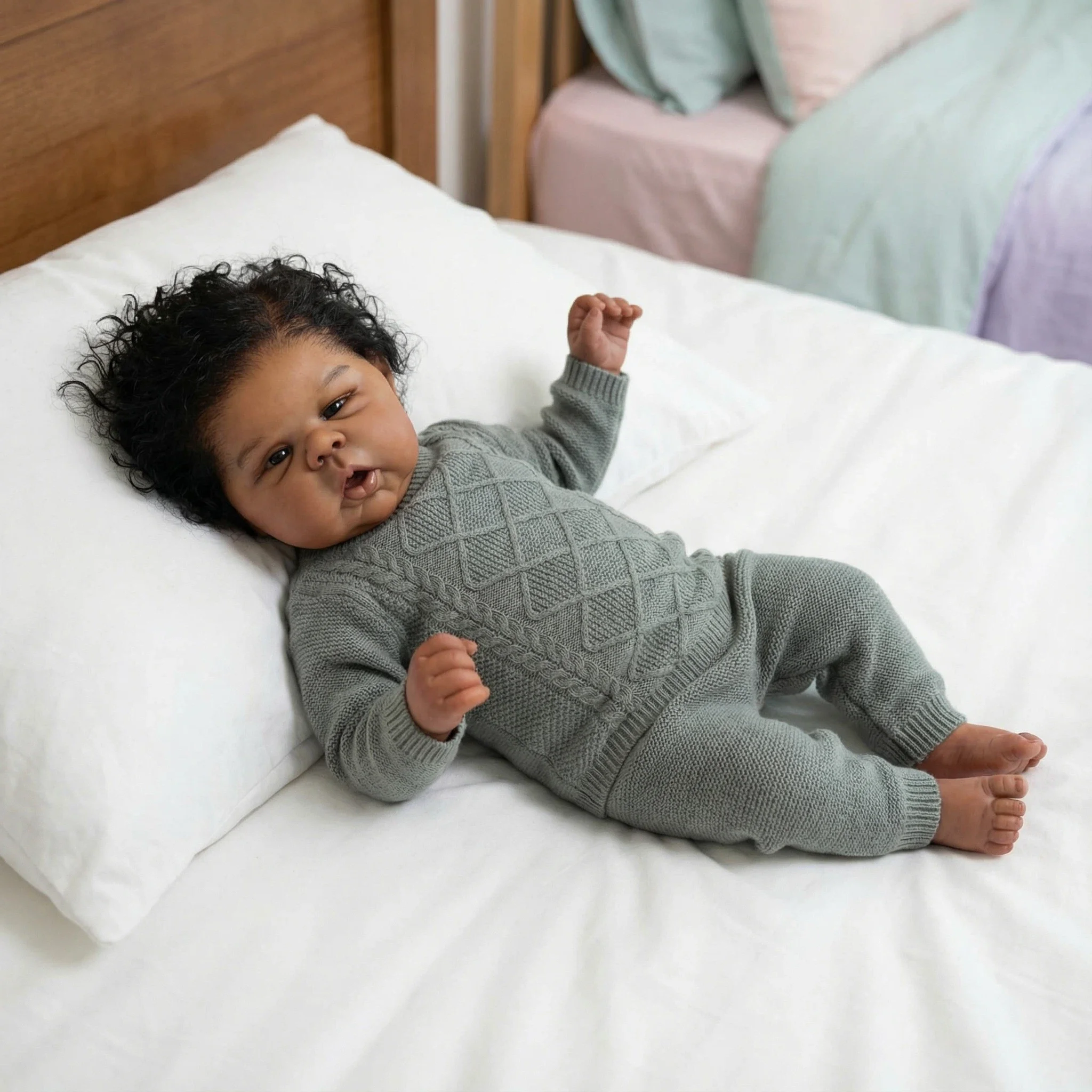 20Inch Hand Painted Dark Skin Reborn Gounchi High Quality Doll with Black Curly Hair Soft Cloth Body Bebe Toys Gift for Baby