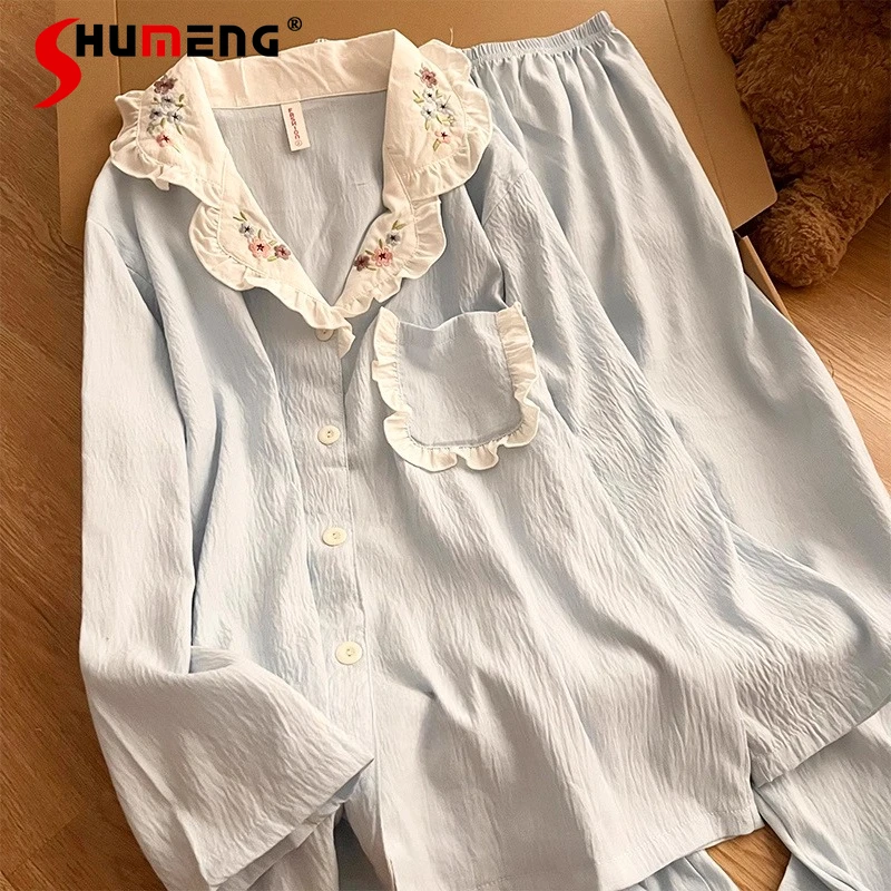 

Женские пижамы в японском стиле, весенне-осенний марлевый комплект домашней одежды принцессы с длинными рукавами, женские длинные брюки из чистого хлопка для отдыха