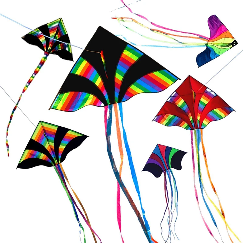 1 Piece New Outdoor Colorful Black Kite Fun Sports Multi Tailed Long Tail Triangle Rainbow Kite For Kids Beach Toys Good Flying