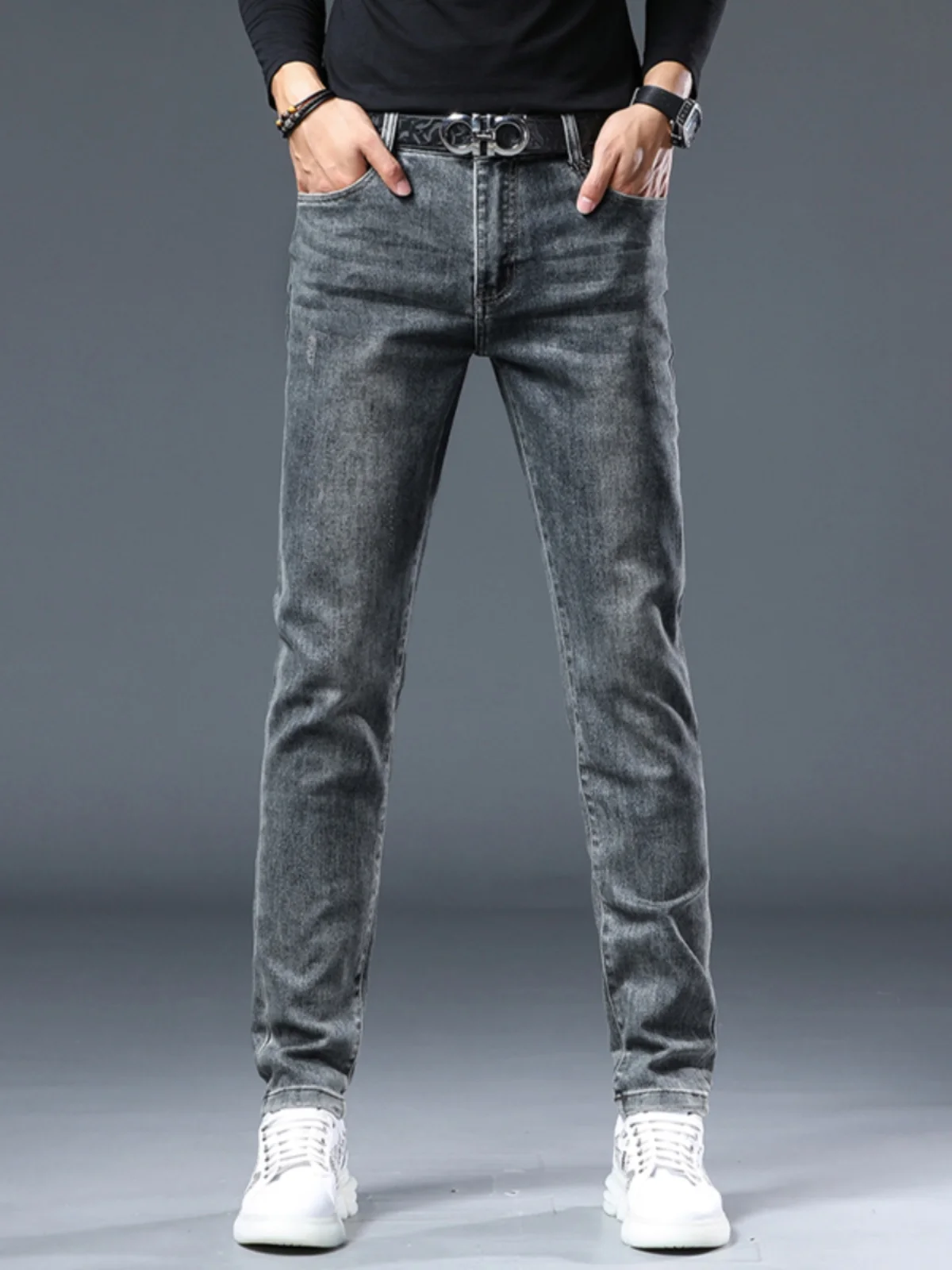 

Faionable Printed Slim Fit Men's Jeans Casual High Waist Cotton Stretch Denim Korean Sle Spring Autumn Wear Resistant