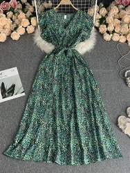 Women Elegant Vintage French V-neck Dress New Summer Pleat High Waist Slim Party Vacation Strap Dresses Vestidos