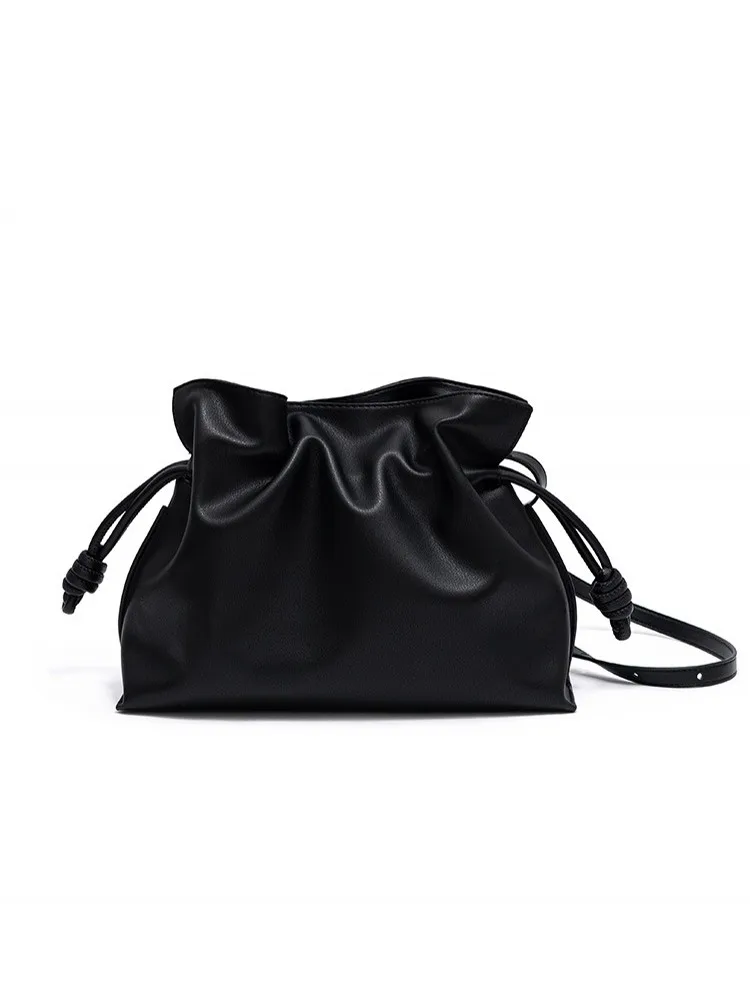 Women Casual Large Capacity Bucket Bag Ruffles String Cow Split Leather Shoulder Bag Female Strap Shopping Crossbody Bags Brown