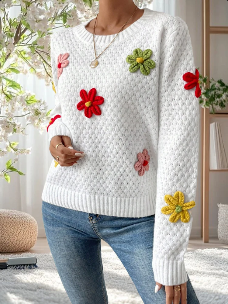 البوب المرأة الجديدة زين الأزهار التطريز طويلة الأكمام سترة البلوز أنيقة جولة الرقبة بلون قمم الخريف الشتاء الترويج #6