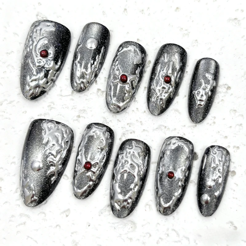 

24PCS Dark Night Punk Press on Nails Almond Gold Silver Liquid Metal Fake Nails European American Hottie Niche Style False Nails