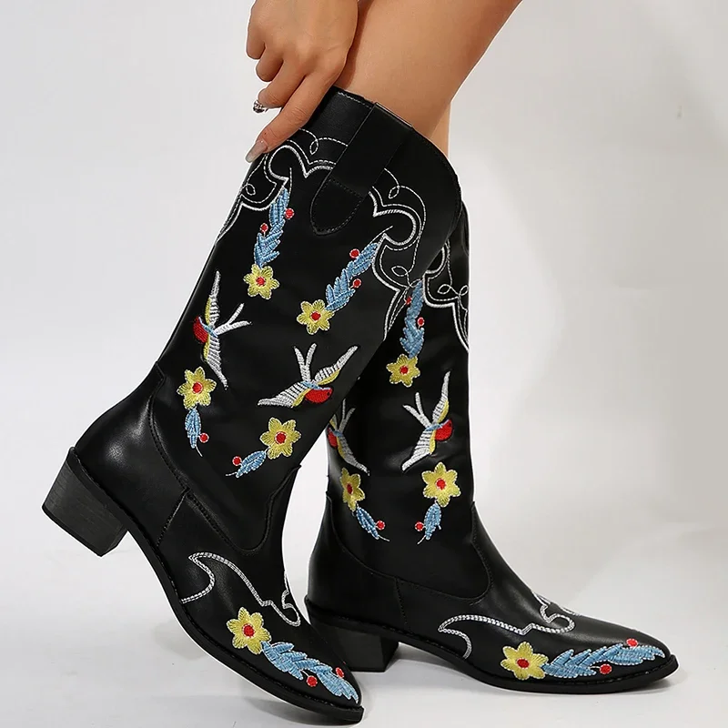 Colorful Embroidery Cowboy Boots for Women Pointed Toe Chunky Heels Women\'s Western Boots Retro PU Leather Knee High Botas Mujer