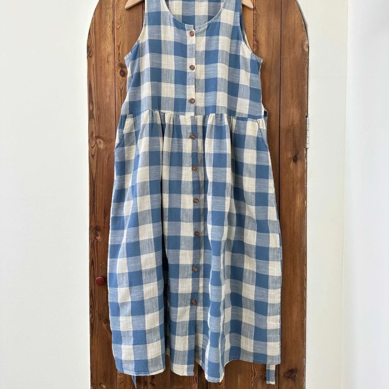 Mori Mädchen Stil Vintage blau karierten Tank Kleid Frauen Sommer lässig lose süße süße ärmellose Weste plissiert lange Kleider Vestidos