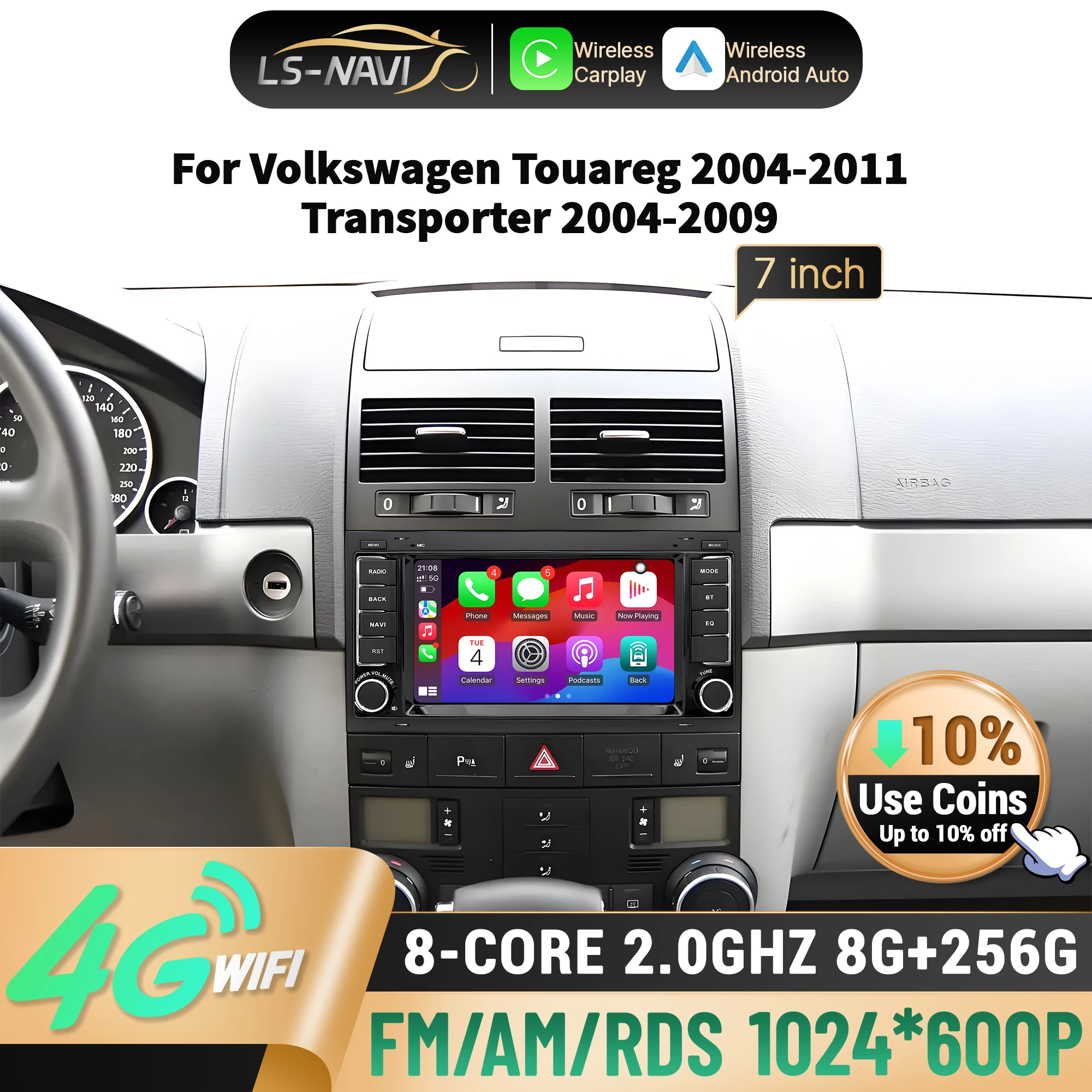 

7 inch Car Radio For Volkswagen Touareg 2004-2011 Transporter 2004-2007 2008 2009 Wireless Bluetooth CarPlay Head Unit Screen