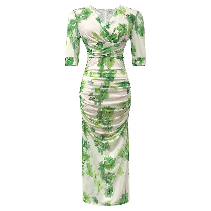 2023 Summer Fashion Formal Dress White Green Print Short Sleeve Pleated Slit Dress Elegant Slim Bodycon Office Lady Dress