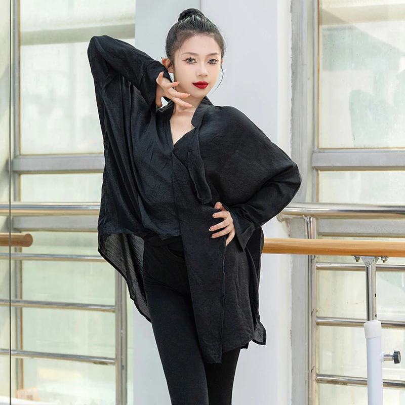 Loose Long Sve Latin Dance Practice orm Women's Adult Top V-Ne Training irt Slimming Dancewear Casual Fitn