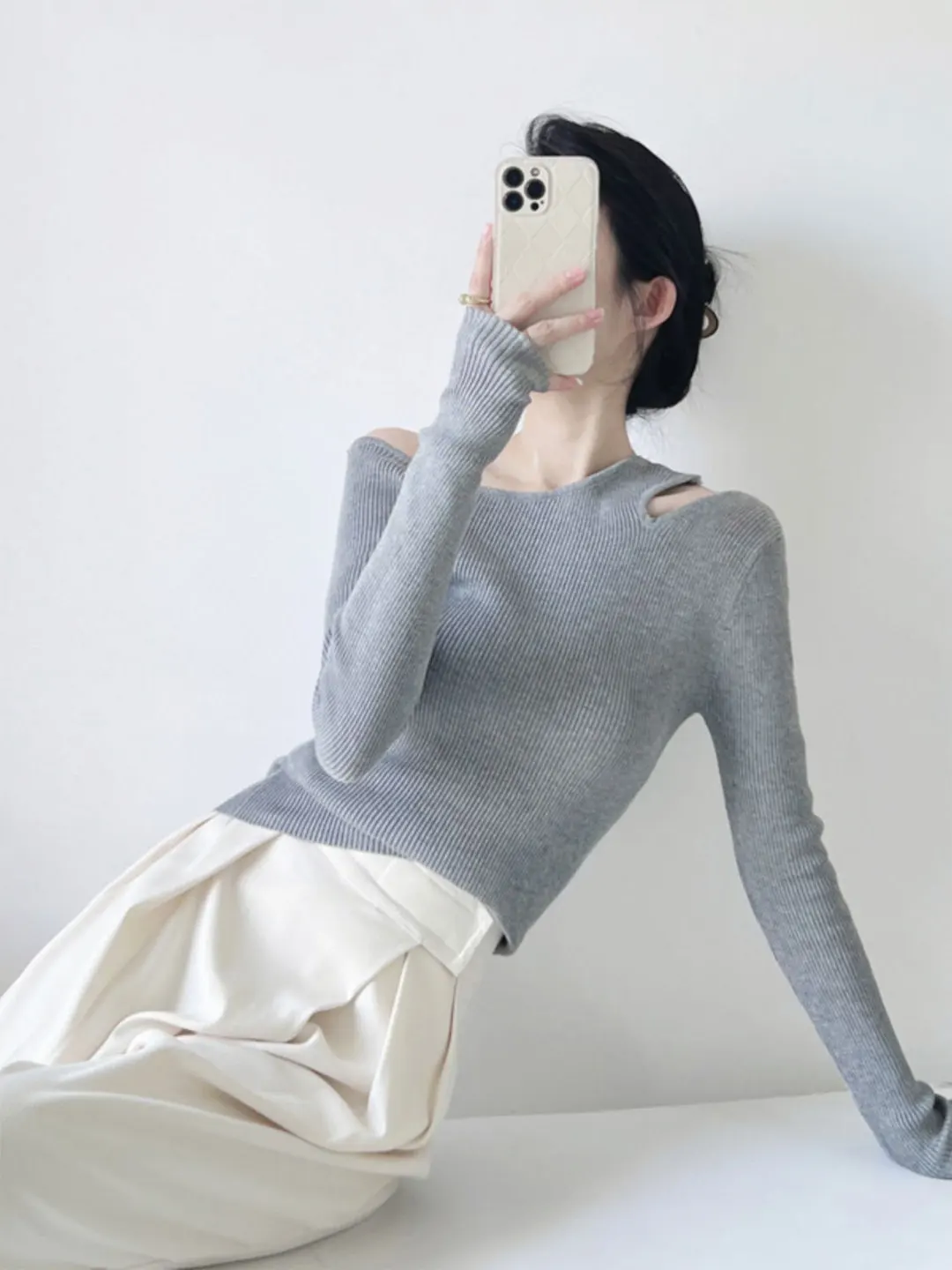 Early Autumn Knitted Long Sleeve Shoulder Bared Women's Base Shirt American Style Inner Wear Slim Fit Bottoming Top